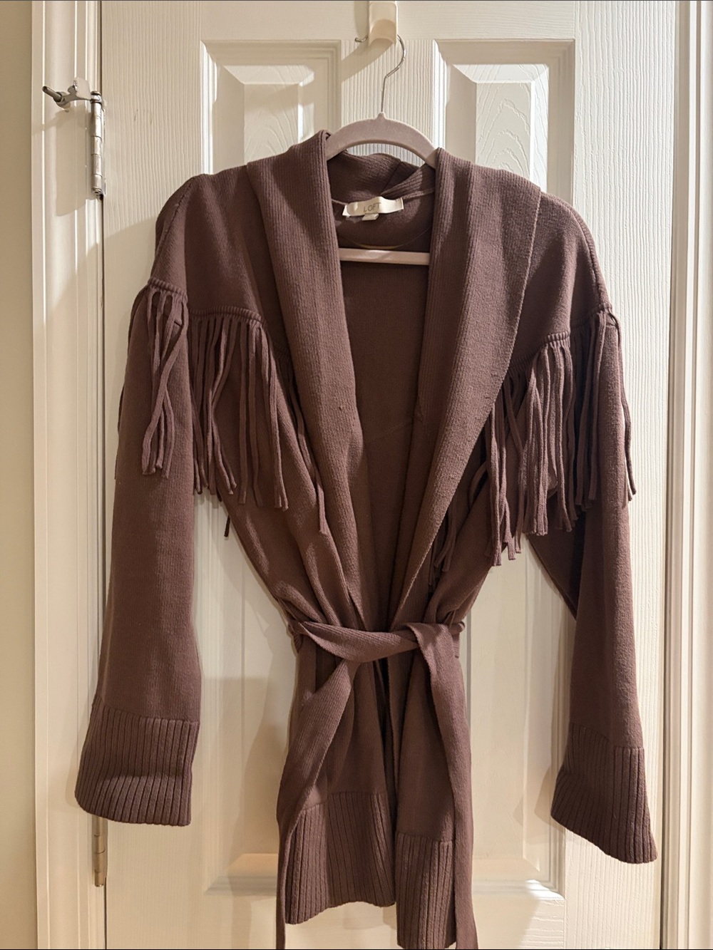 Loft Fringe Belted Open-Front Women's Sweater Cardigan - Taupe